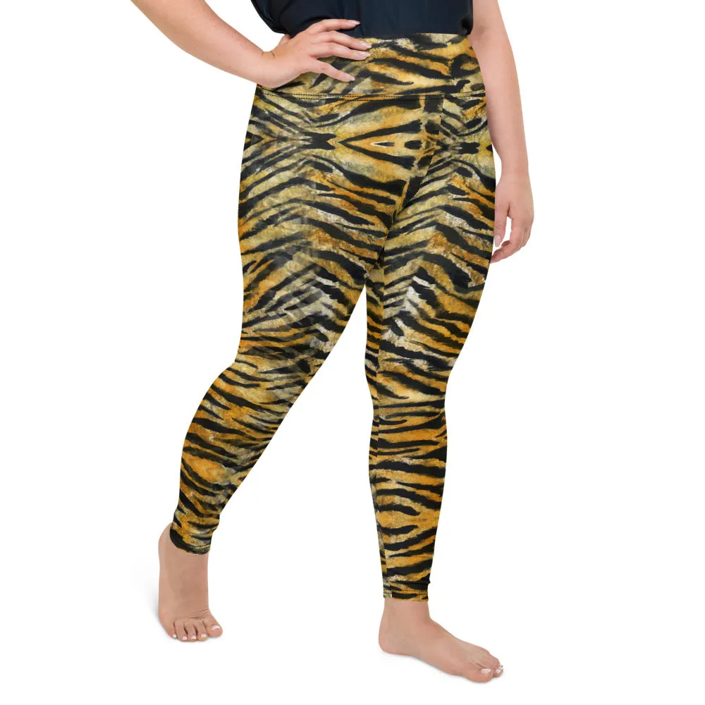 Orange Tiger Plus Size Leggings, Animal Stripe Print Women's Yoga Pants-Made in USA/EU