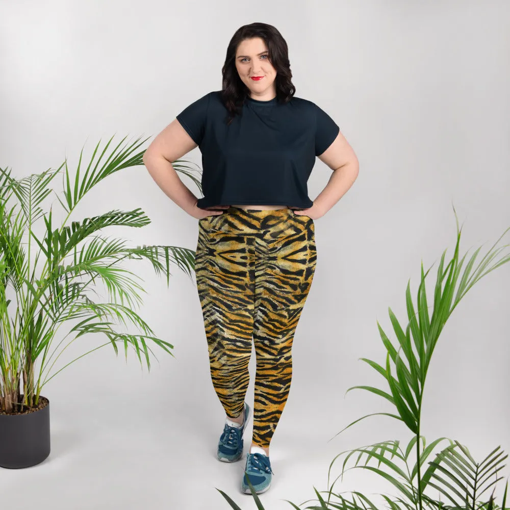 Orange Tiger Plus Size Leggings, Animal Stripe Print Women's Yoga Pants-Made in USA/EU