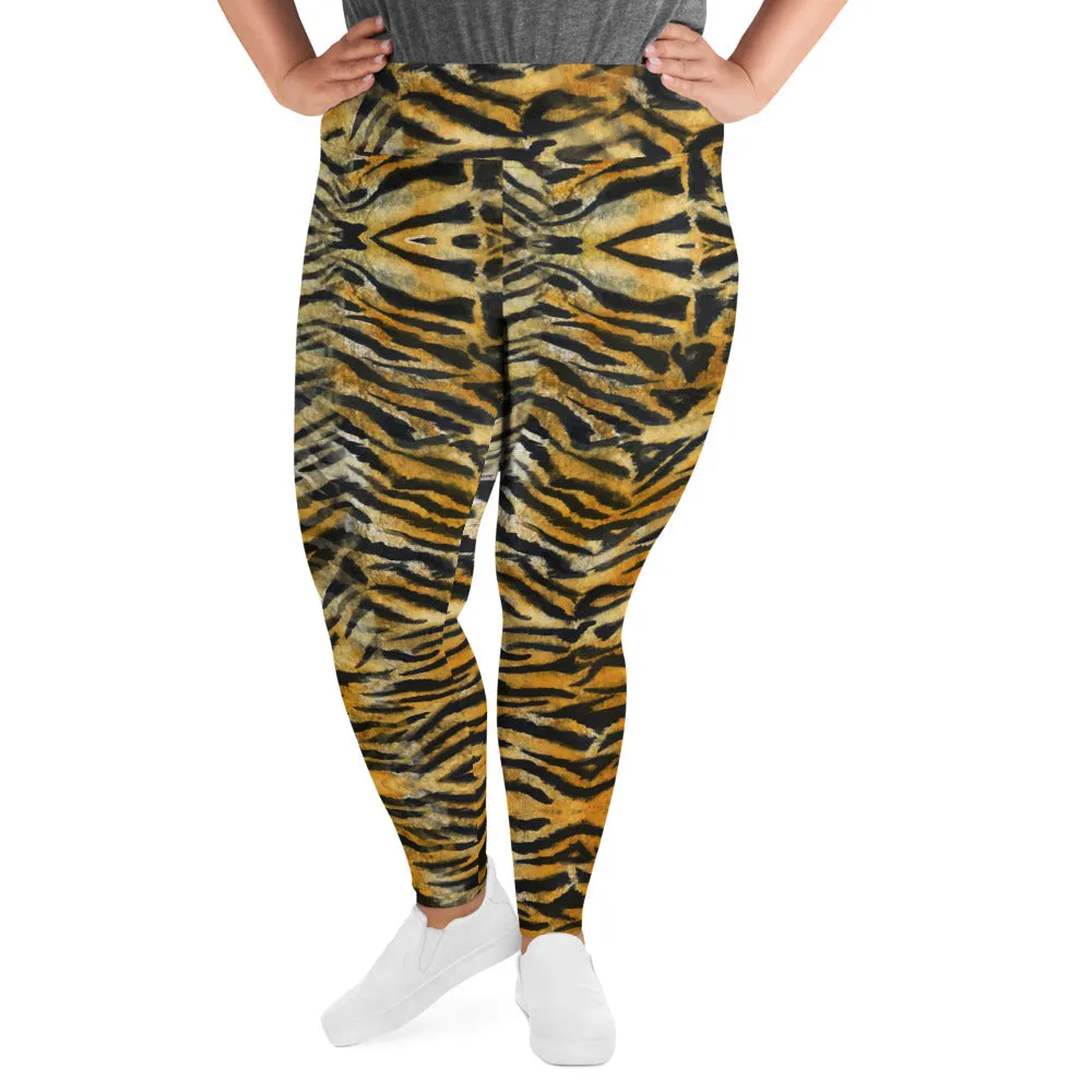 Orange Tiger Plus Size Leggings, Animal Stripe Print Women's Yoga Pants-Made in USA/EU