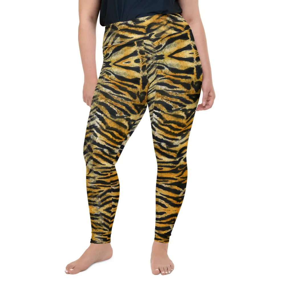 Orange Tiger Plus Size Leggings, Animal Stripe Print Women's Yoga Pants-Made in USA/EU