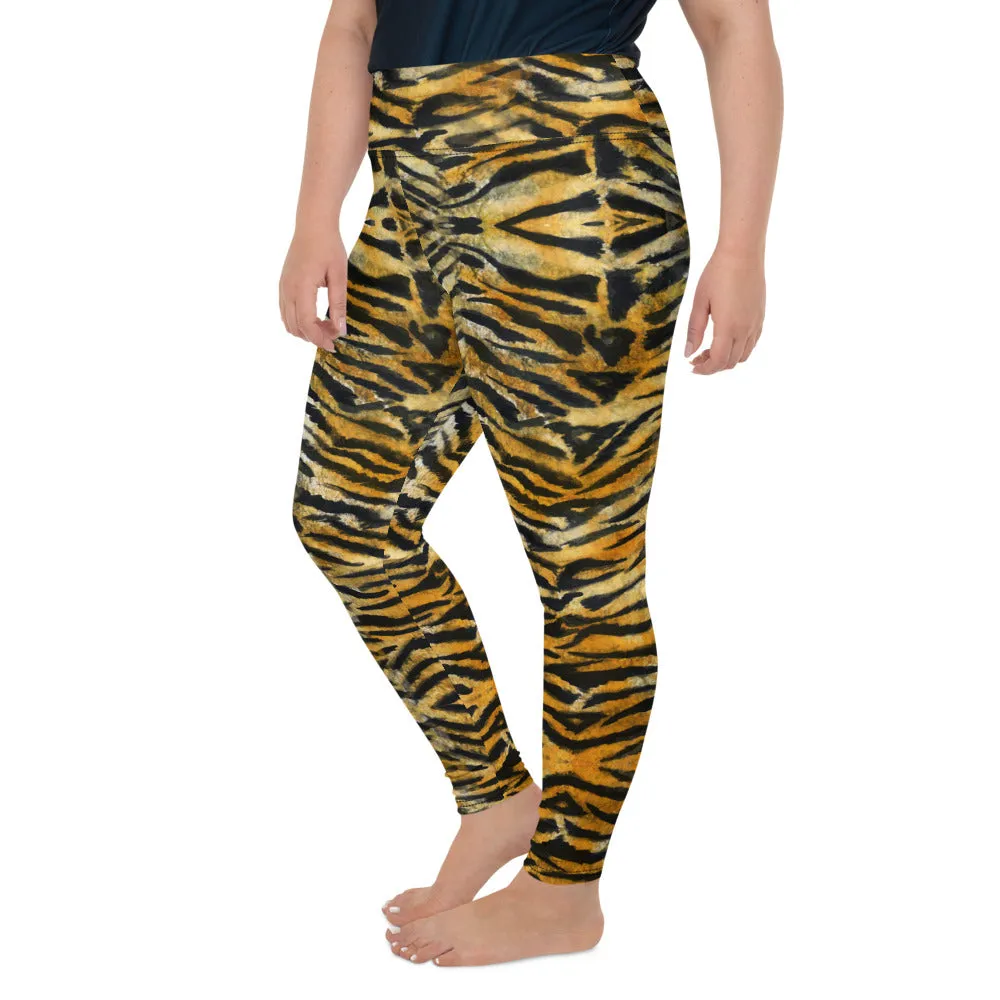 Orange Tiger Plus Size Leggings, Animal Stripe Print Women's Yoga Pants-Made in USA/EU