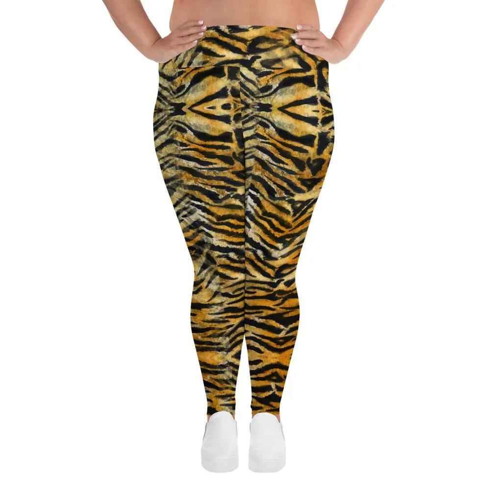 Orange Tiger Plus Size Leggings, Animal Stripe Print Women's Yoga Pants-Made in USA/EU