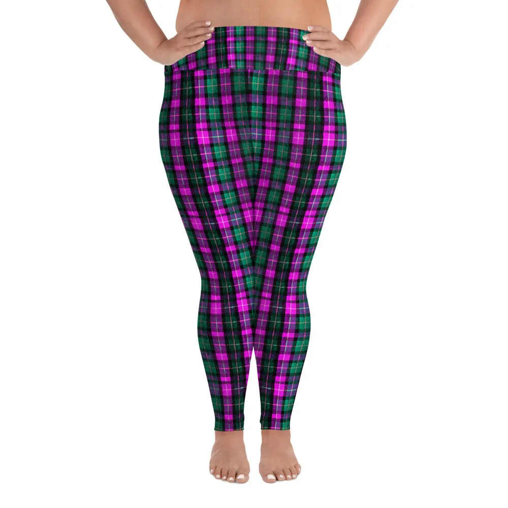 Pink Green Plaid Print Tights, Best Tartan Plaid Scottish Print Women's Plus Size Soft Leggings - Made in USA/EU