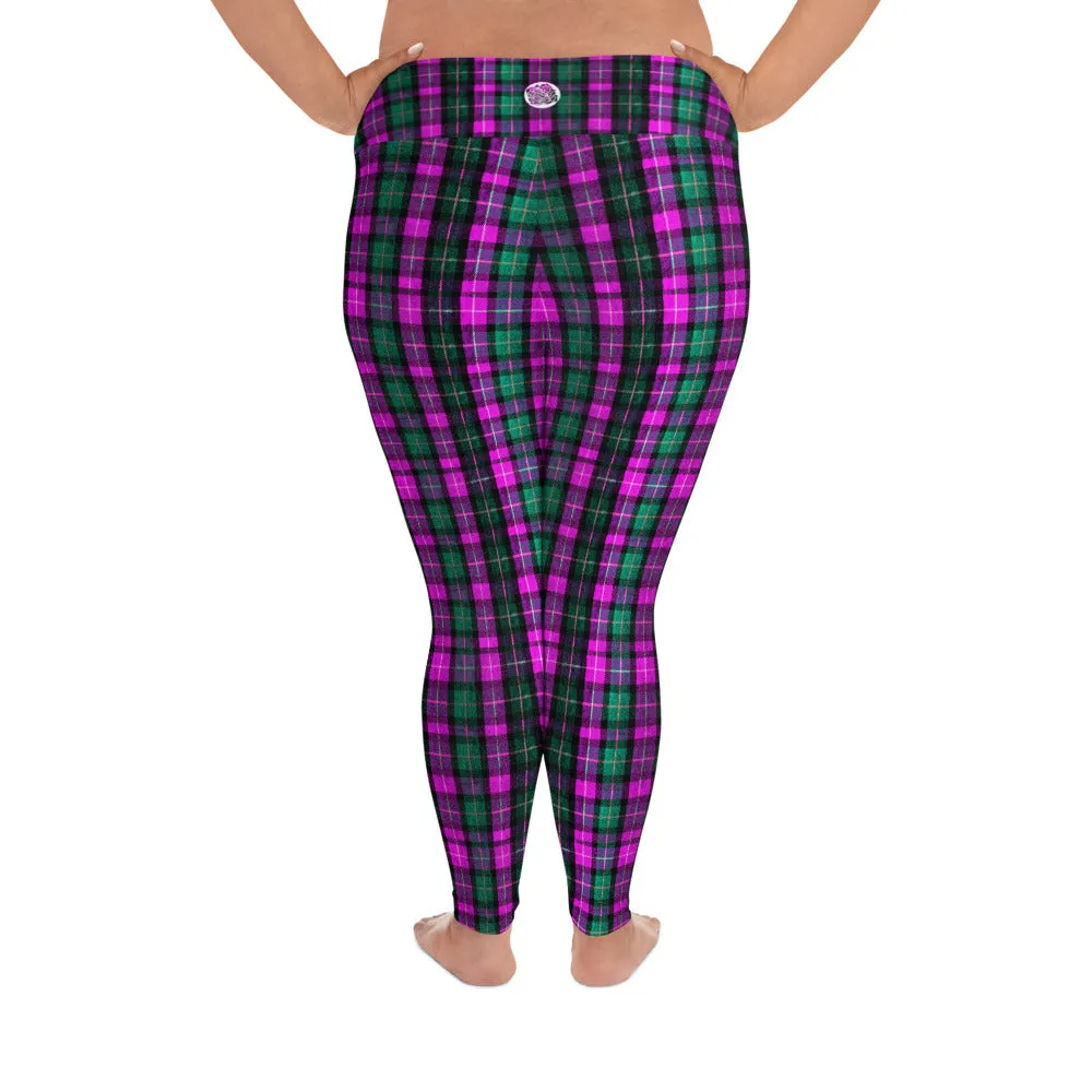 Pink Green Plaid Print Tights, Best Tartan Plaid Scottish Print Women's Plus Size Soft Leggings - Made in USA/EU