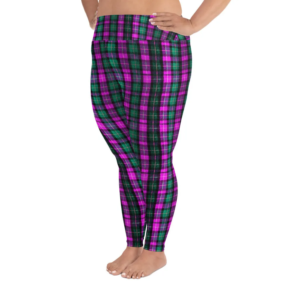 Pink Green Plaid Print Tights, Best Tartan Plaid Scottish Print Women's Plus Size Soft Leggings - Made in USA/EU
