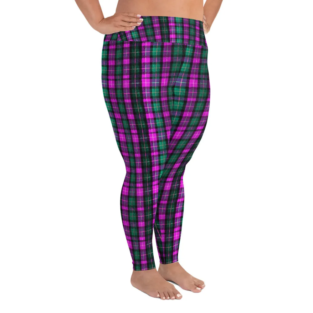 Pink Green Plaid Print Tights, Best Tartan Plaid Scottish Print Women's Plus Size Soft Leggings - Made in USA/EU
