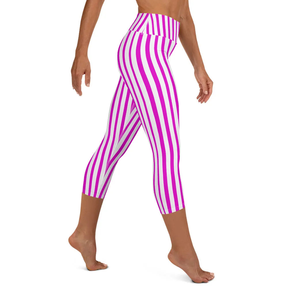 Pink White Ladies' Capris Tights, Vertical Stripe Stylish Print Women's Yoga Capri Leggings Pants- Made in USA/ EU