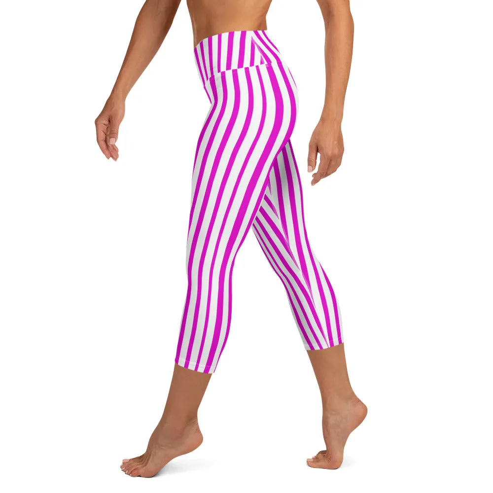 Pink White Ladies' Capris Tights, Vertical Stripe Stylish Print Women's Yoga Capri Leggings Pants- Made in USA/ EU