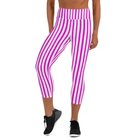 Pink White Ladies' Capris Tights, Vertical Stripe Stylish Print Women's Yoga Capri Leggings Pants- Made in USA/ EU