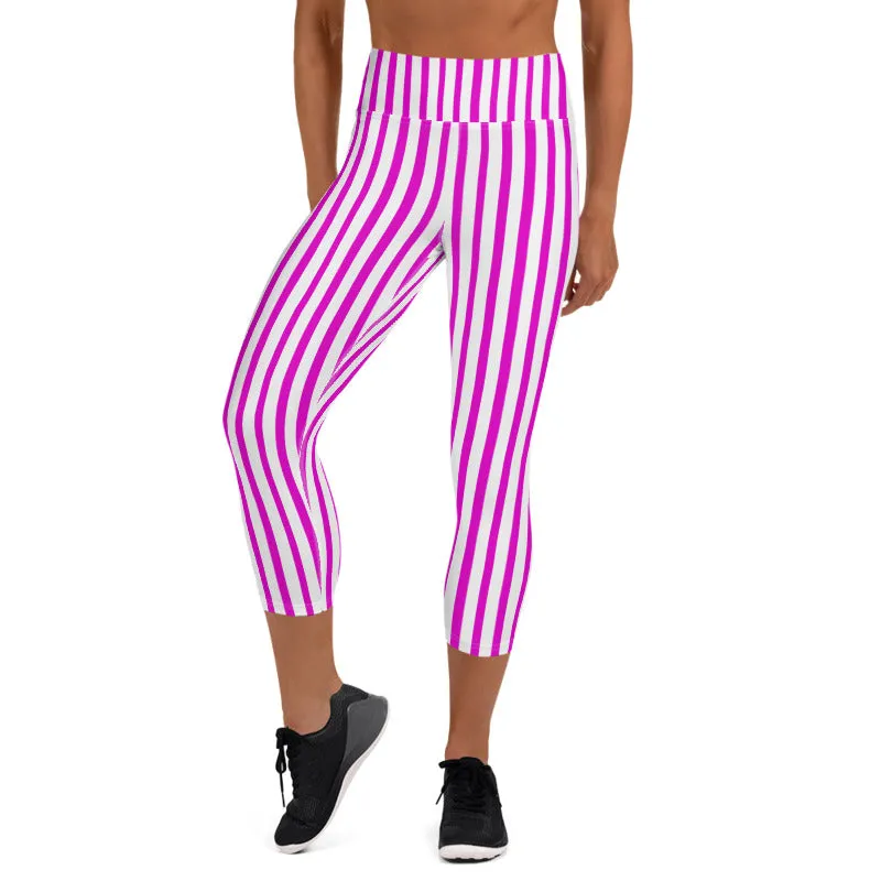 Pink White Ladies' Capris Tights, Vertical Stripe Stylish Print Women's Yoga Capri Leggings Pants- Made in USA/ EU