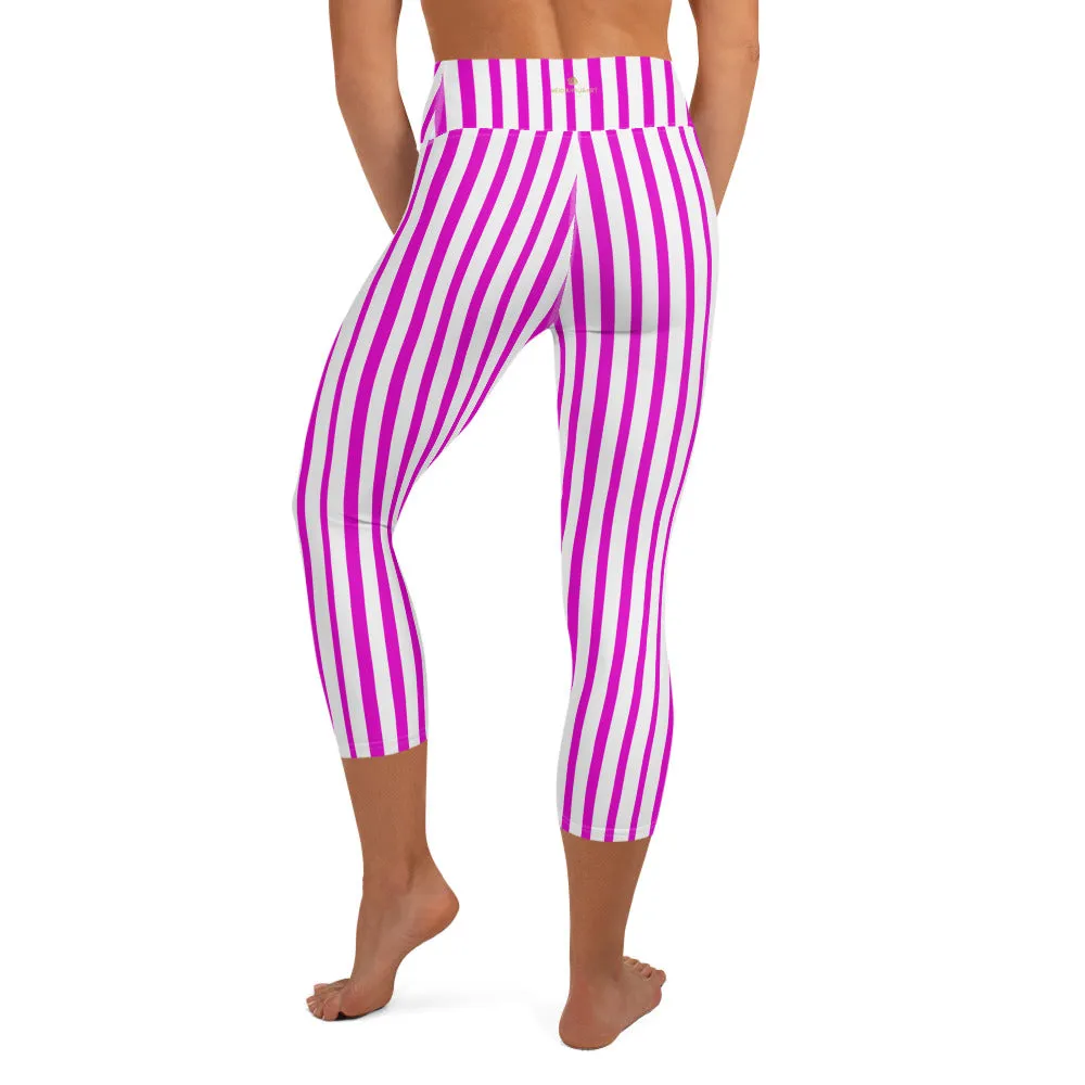 Pink White Ladies' Capris Tights, Vertical Stripe Stylish Print Women's Yoga Capri Leggings Pants- Made in USA/ EU