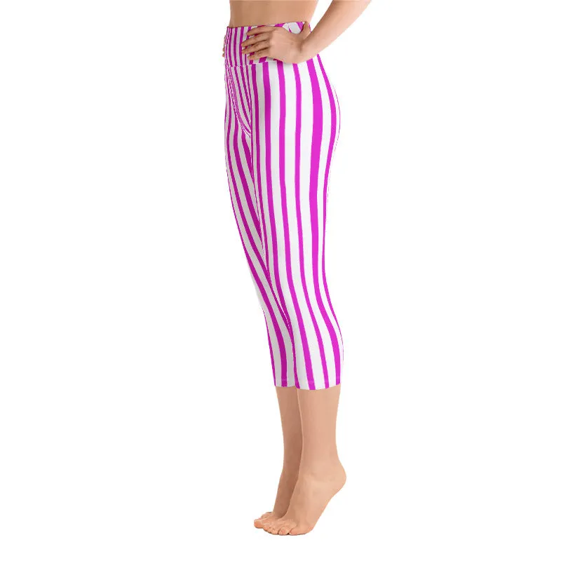 Pink White Ladies' Capris Tights, Vertical Stripe Stylish Print Women's Yoga Capri Leggings Pants- Made in USA/ EU