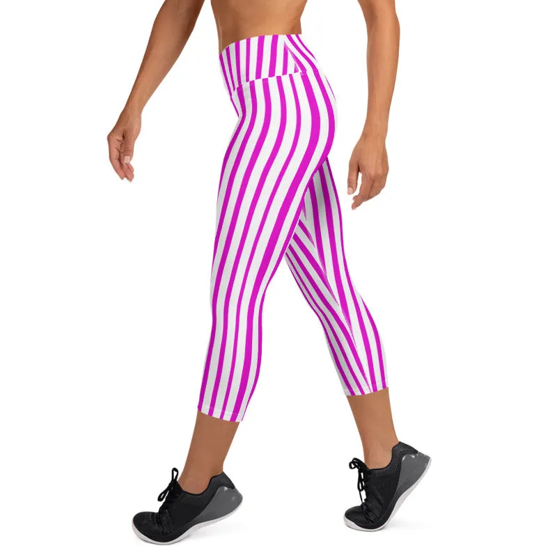 Pink White Ladies' Capris Tights, Vertical Stripe Stylish Print Women's Yoga Capri Leggings Pants- Made in USA/ EU