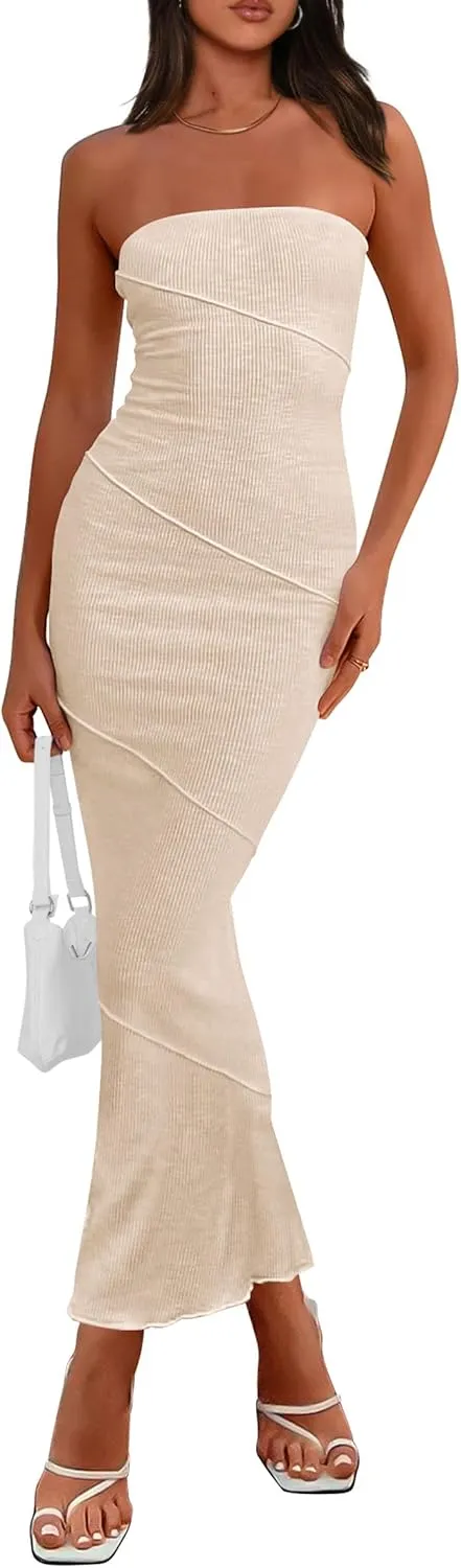 PRETTYGARDEN Women's Ribbed Maxi Bodycon Dress Summer Strapless Tube Y2K Party Club Long Dresses