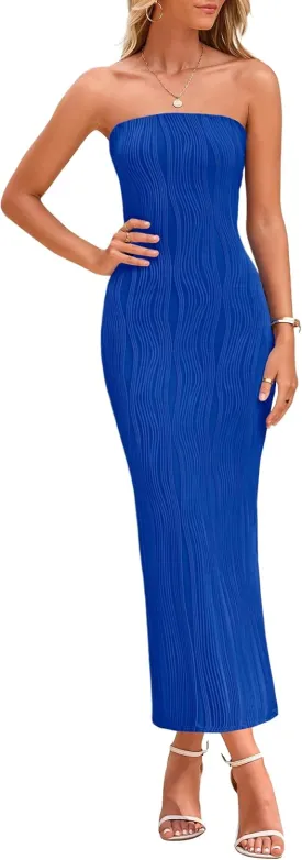 PRETTYGARDEN Womens Summer Maxi Dress Textured Bodycon Tube Off Shoulder Strapless Back Slit Long Party Dresses