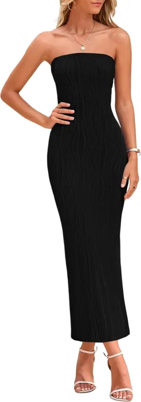 PRETTYGARDEN Womens Summer Maxi Dress Textured Bodycon Tube Off Shoulder Strapless Back Slit Long Party Dresses