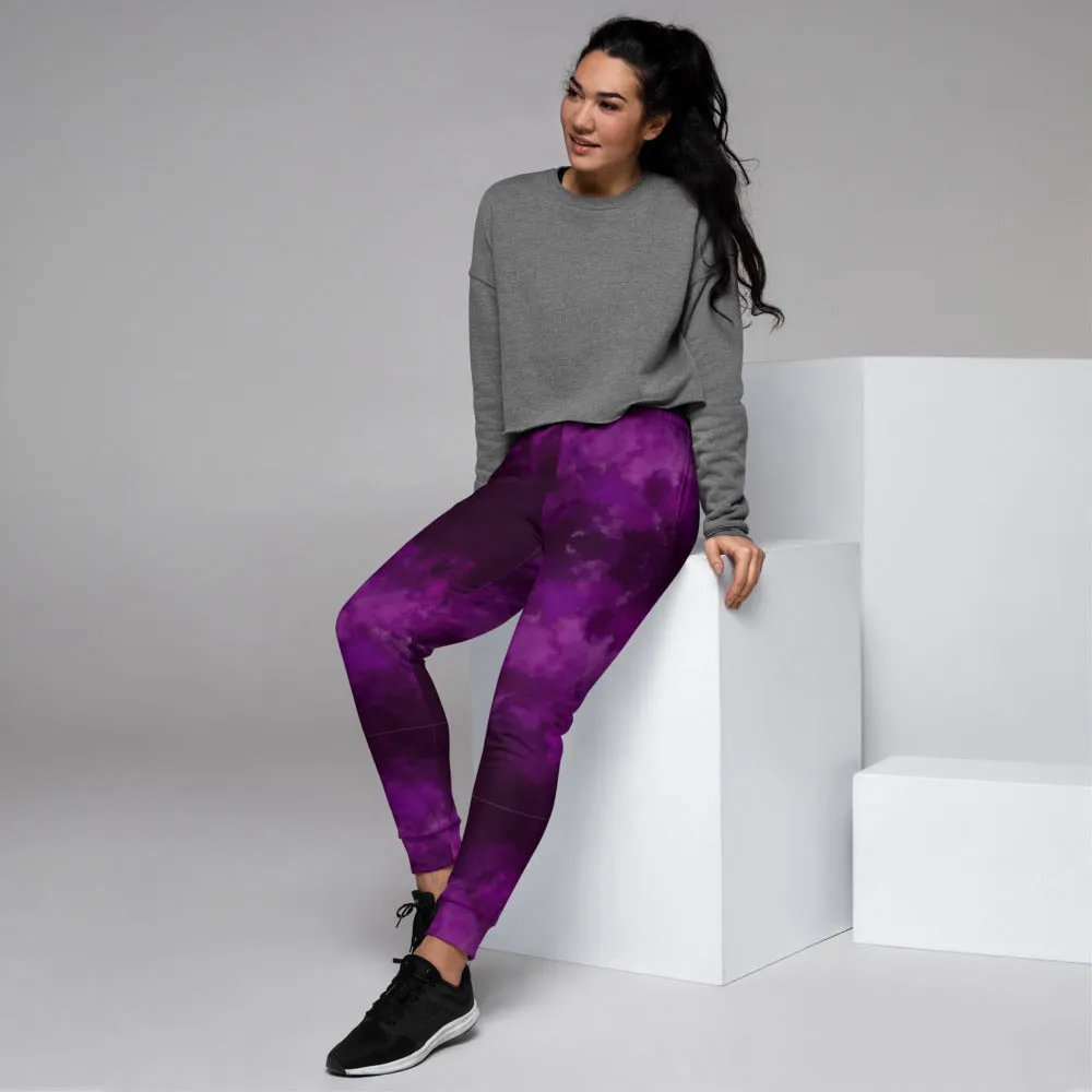 Purple Abstract Women's Joggers, Best Purple Slim Fit Sweatpants For Women-Made in EU/MX