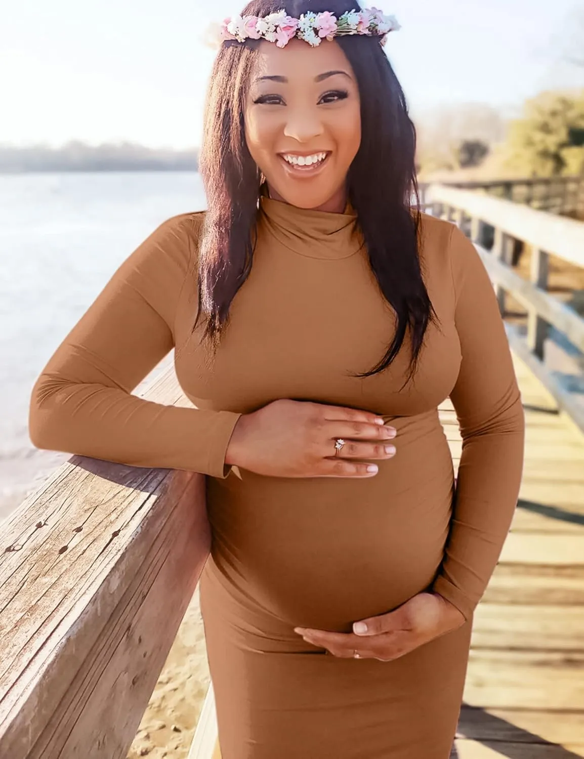 Rheane Turtleneck Maternity Dress, Pregnancy Dress for Fall & Winter; Maternity Sweater Dress for Baby Shower, Christmas