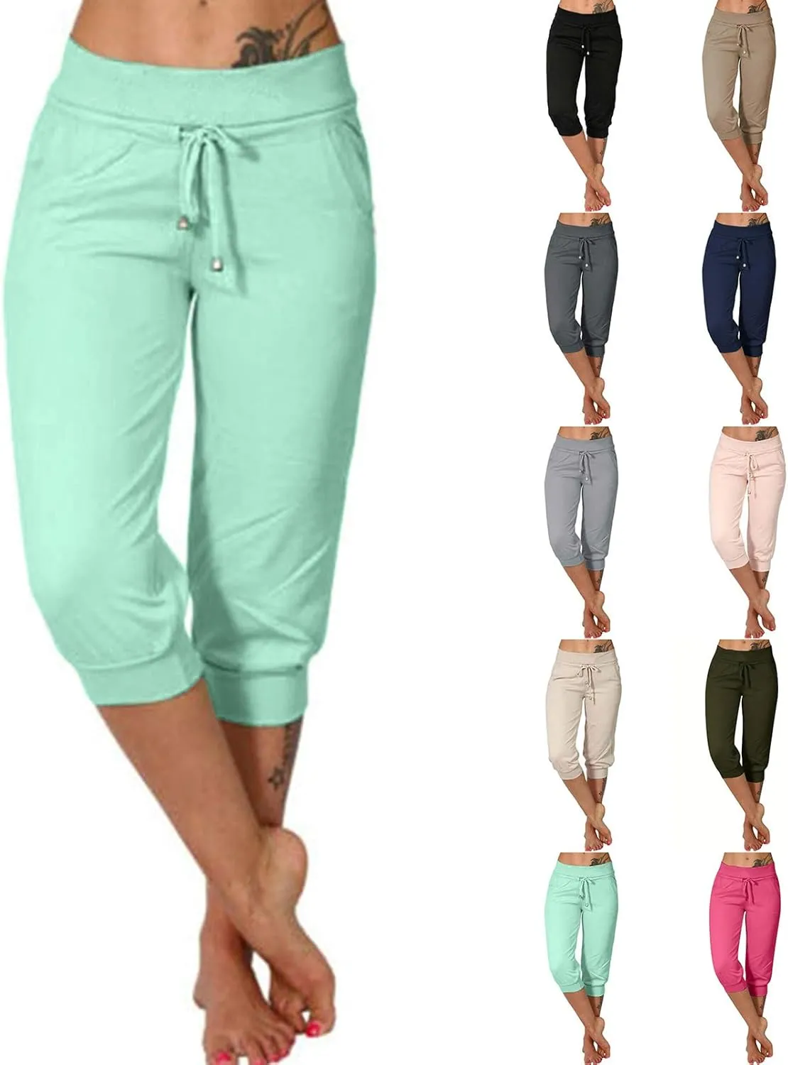 RKSTN Women's Yoga Pants Stretchy Soft Drawstring Workout Capri Pants Outdoor Athletic Causal Capris with Pockets