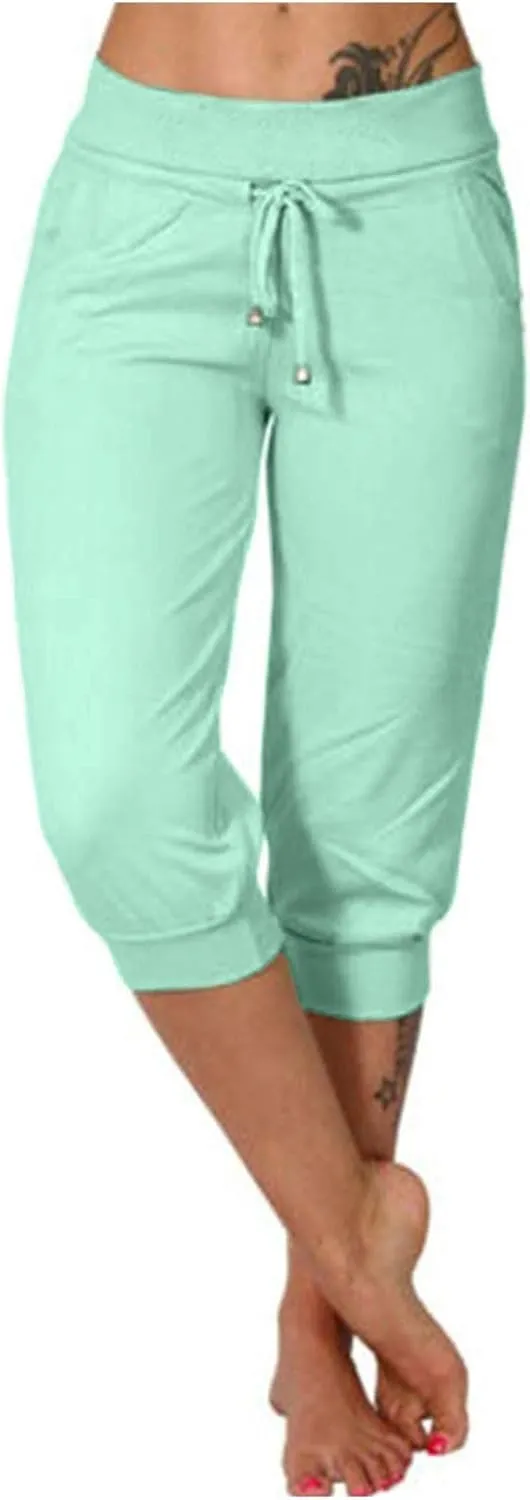 RKSTN Women's Yoga Pants Stretchy Soft Drawstring Workout Capri Pants Outdoor Athletic Causal Capris with Pockets