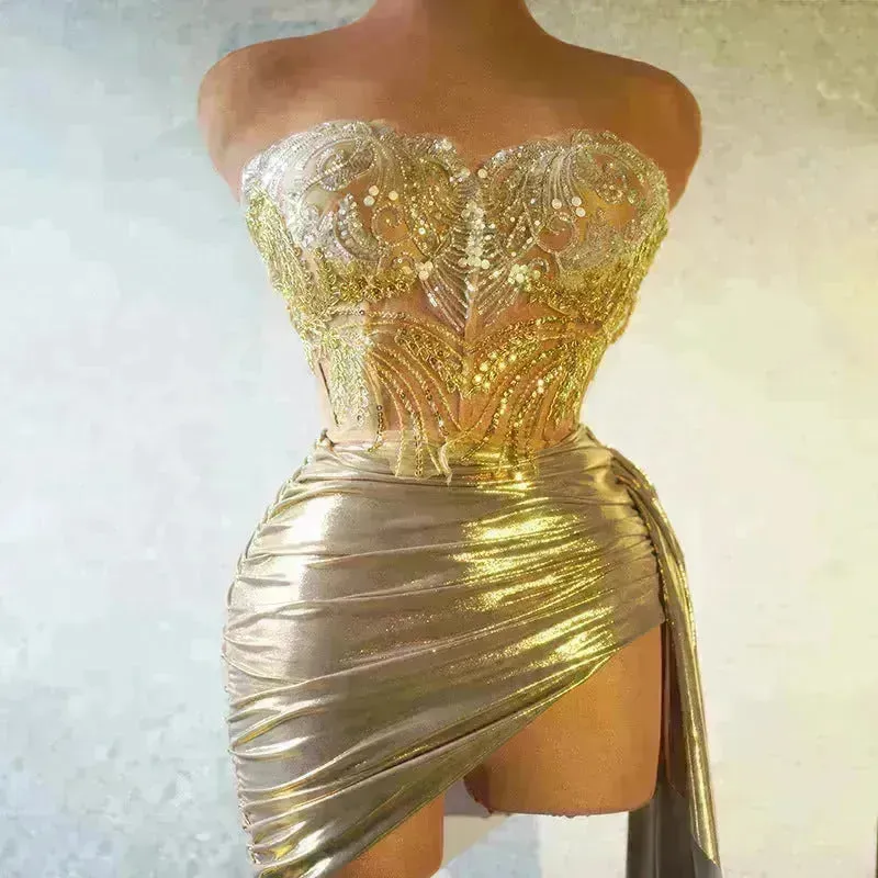 Strapless Tassle  Corset dress Women's Tube Top Rhinestone Chain Skirt Outfit for Evening party Cocktail event