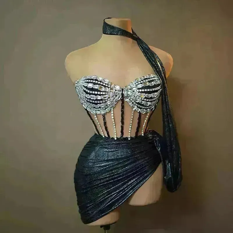 Strapless Tassle  Corset dress Women's Tube Top Rhinestone Chain Skirt Outfit for Evening party Cocktail event