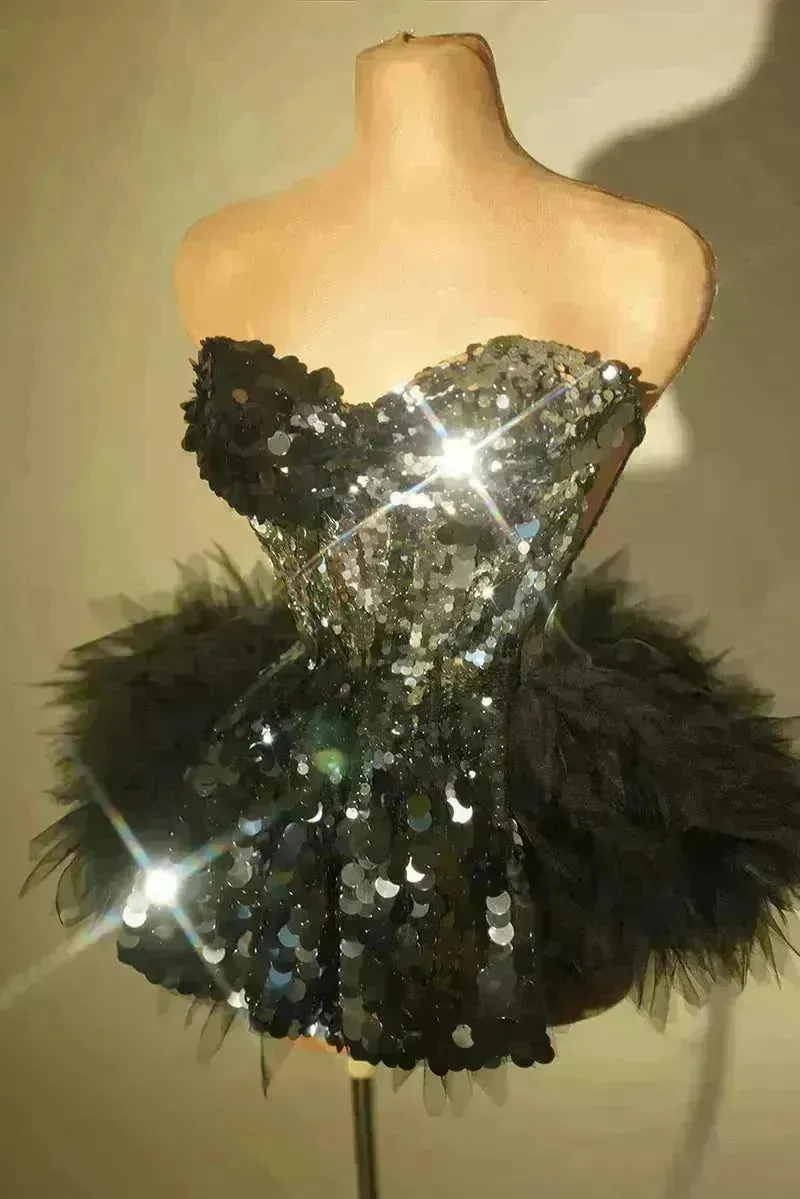 Strapless Tassle  Corset dress Women's Tube Top Rhinestone Chain Skirt Outfit for Evening party Cocktail event