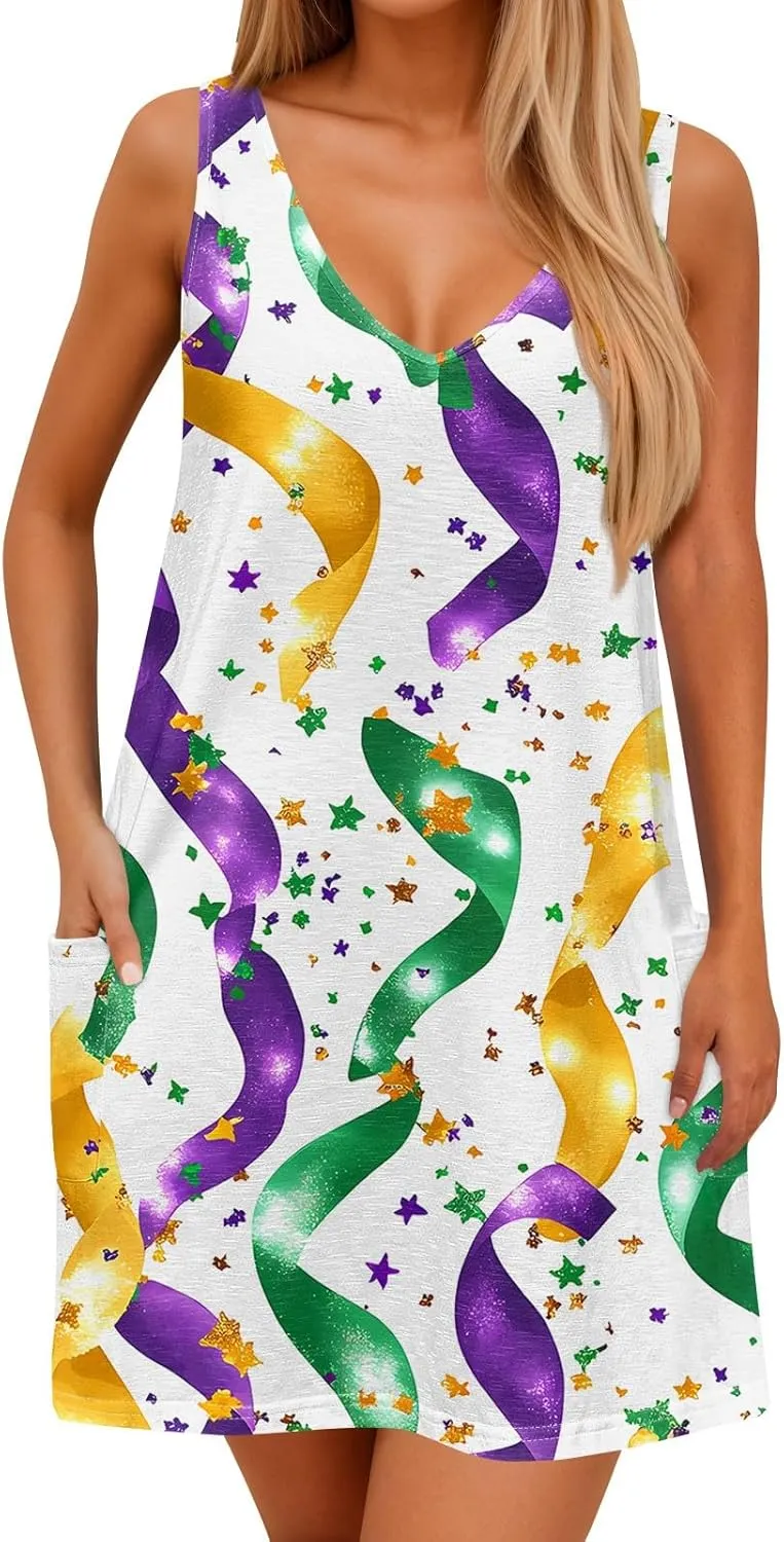 Summer Dresses for Women 2025 Vacation Sundress Printed Sleeveless Swimsuit Coverup Casual V Neck Dress with Pocket