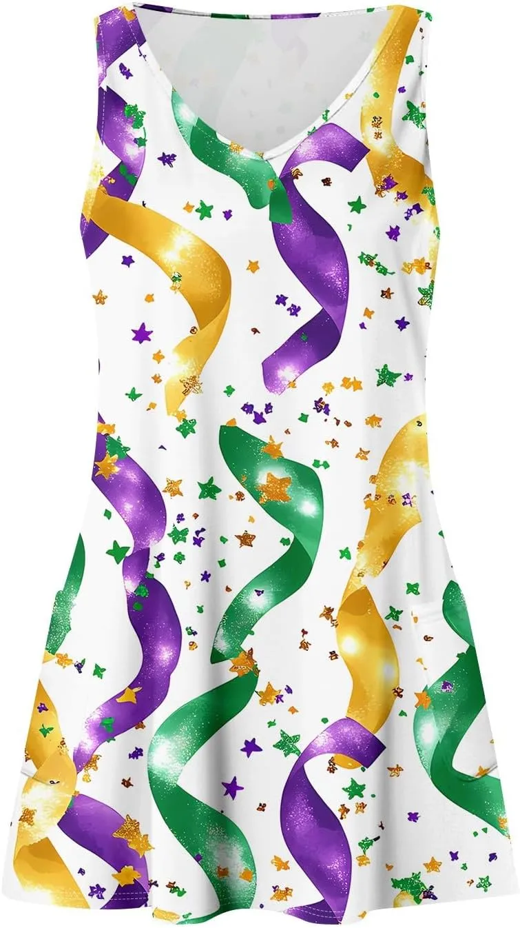 Summer Dresses for Women 2025 Vacation Sundress Printed Sleeveless Swimsuit Coverup Casual V Neck Dress with Pocket