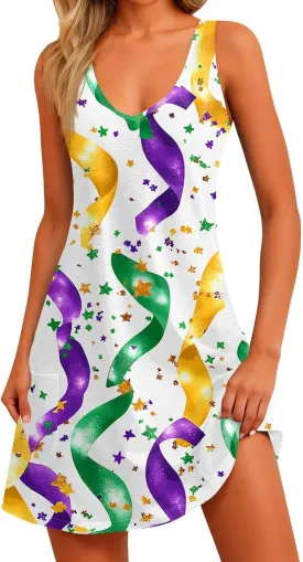 Summer Dresses for Women 2025 Vacation Sundress Printed Sleeveless Swimsuit Coverup Casual V Neck Dress with Pocket