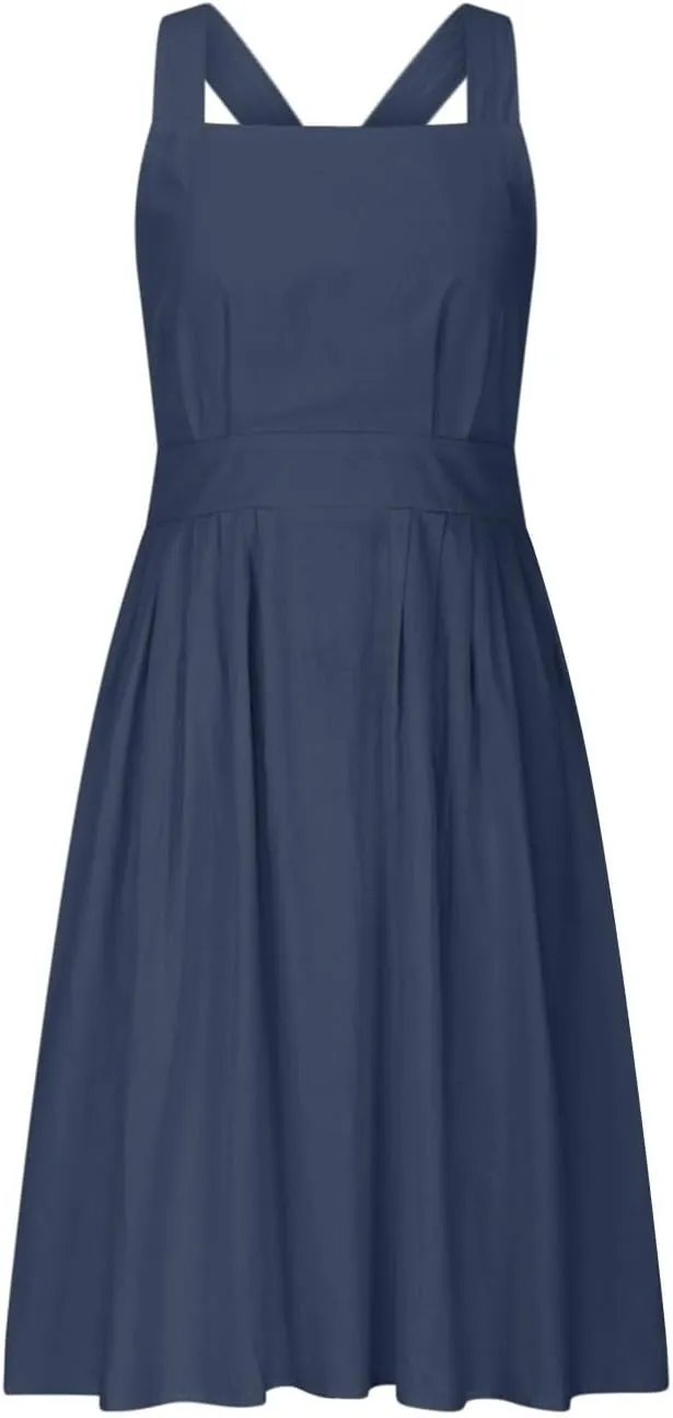 Summer Linen Dresses for Women 2025 Sleeveless Tie Bow Criss Cross Back Midi Sundress Pleated A-Line Beach Party Dress