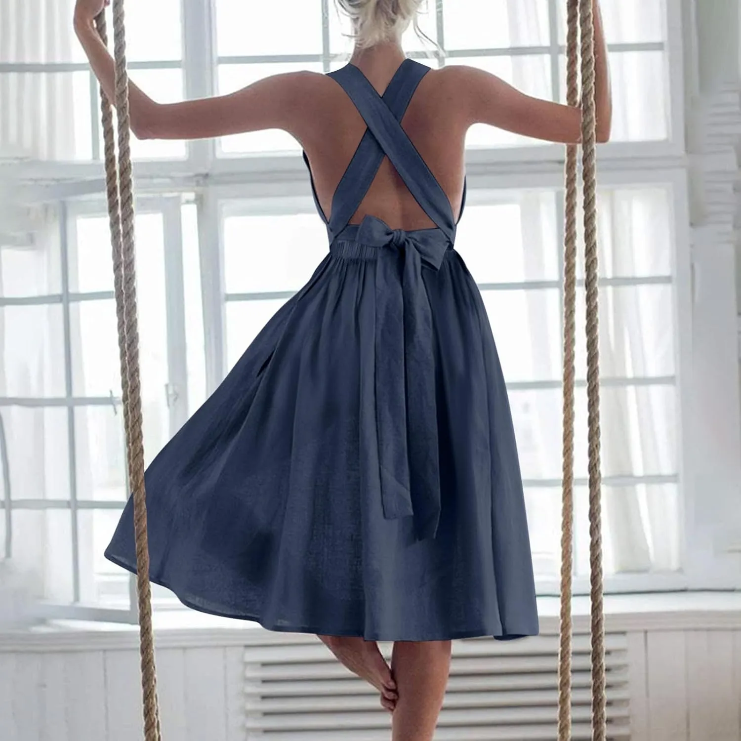 Summer Linen Dresses for Women 2025 Sleeveless Tie Bow Criss Cross Back Midi Sundress Pleated A-Line Beach Party Dress