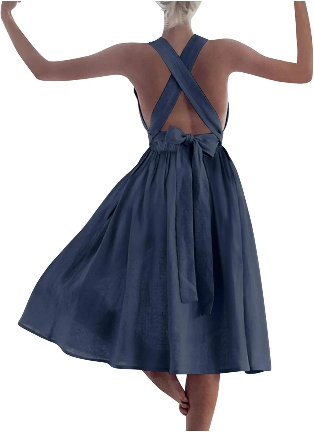 Summer Linen Dresses for Women 2025 Sleeveless Tie Bow Criss Cross Back Midi Sundress Pleated A-Line Beach Party Dress