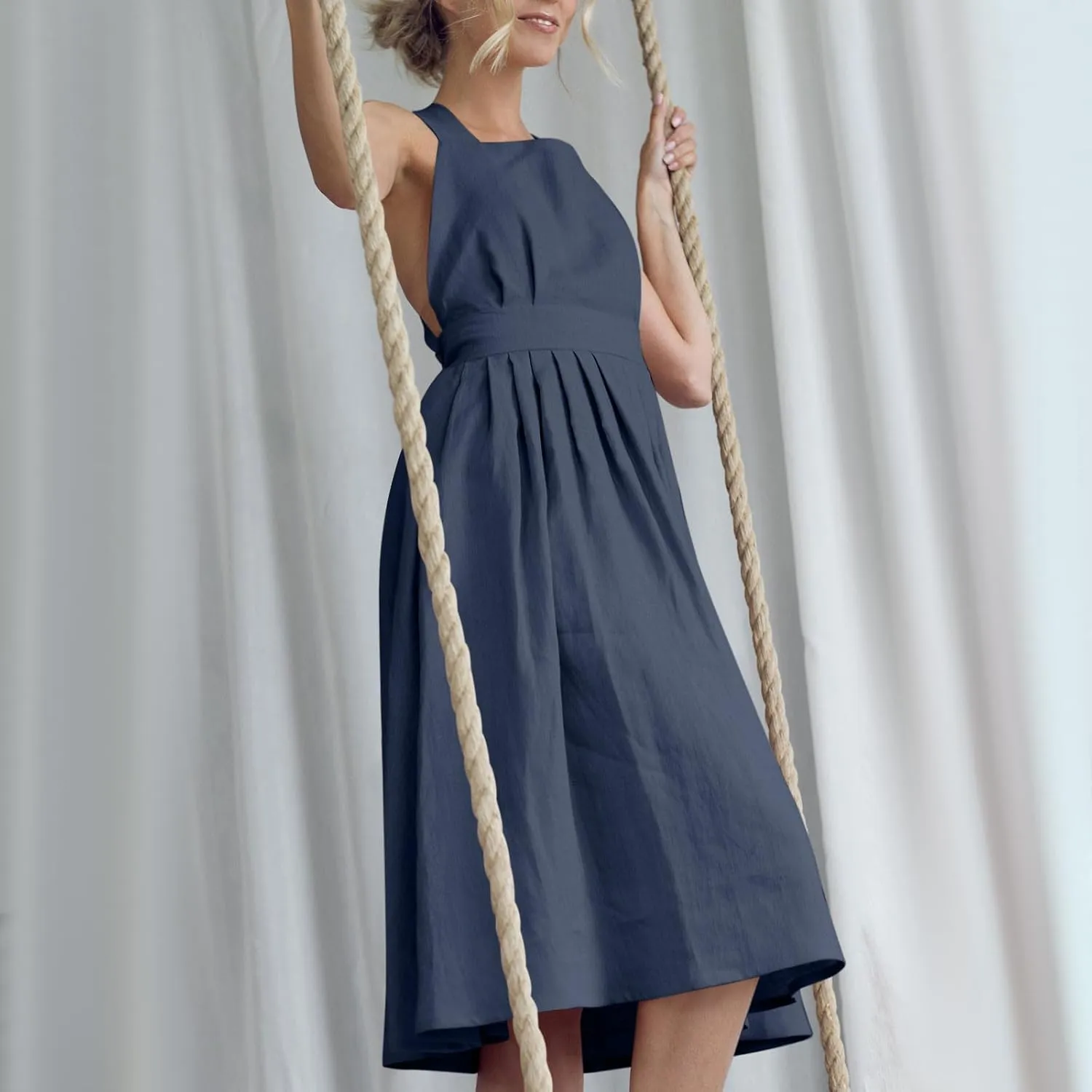 Summer Linen Dresses for Women 2025 Sleeveless Tie Bow Criss Cross Back Midi Sundress Pleated A-Line Beach Party Dress