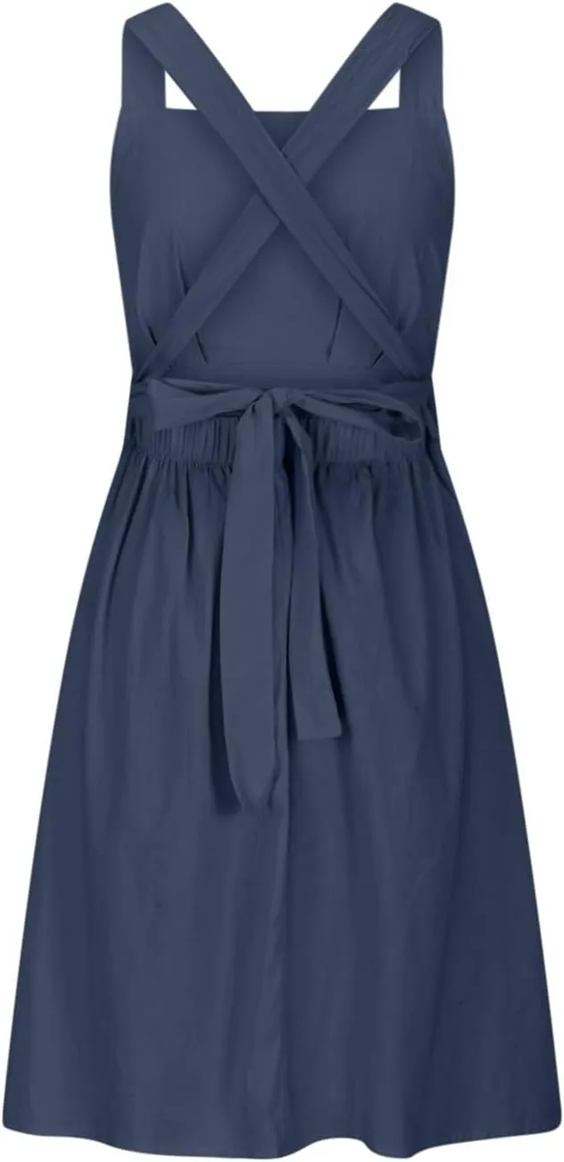 Summer Linen Dresses for Women 2025 Sleeveless Tie Bow Criss Cross Back Midi Sundress Pleated A-Line Beach Party Dress