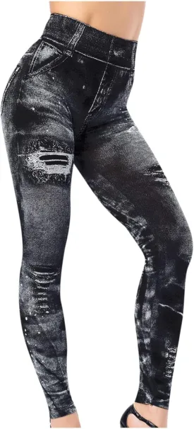 TANGNADE Leggings That Look Like Jeans Plus Size Tummy Control Stretchy High Waisted Yoga Pants Casual Ladies Slim Trousers