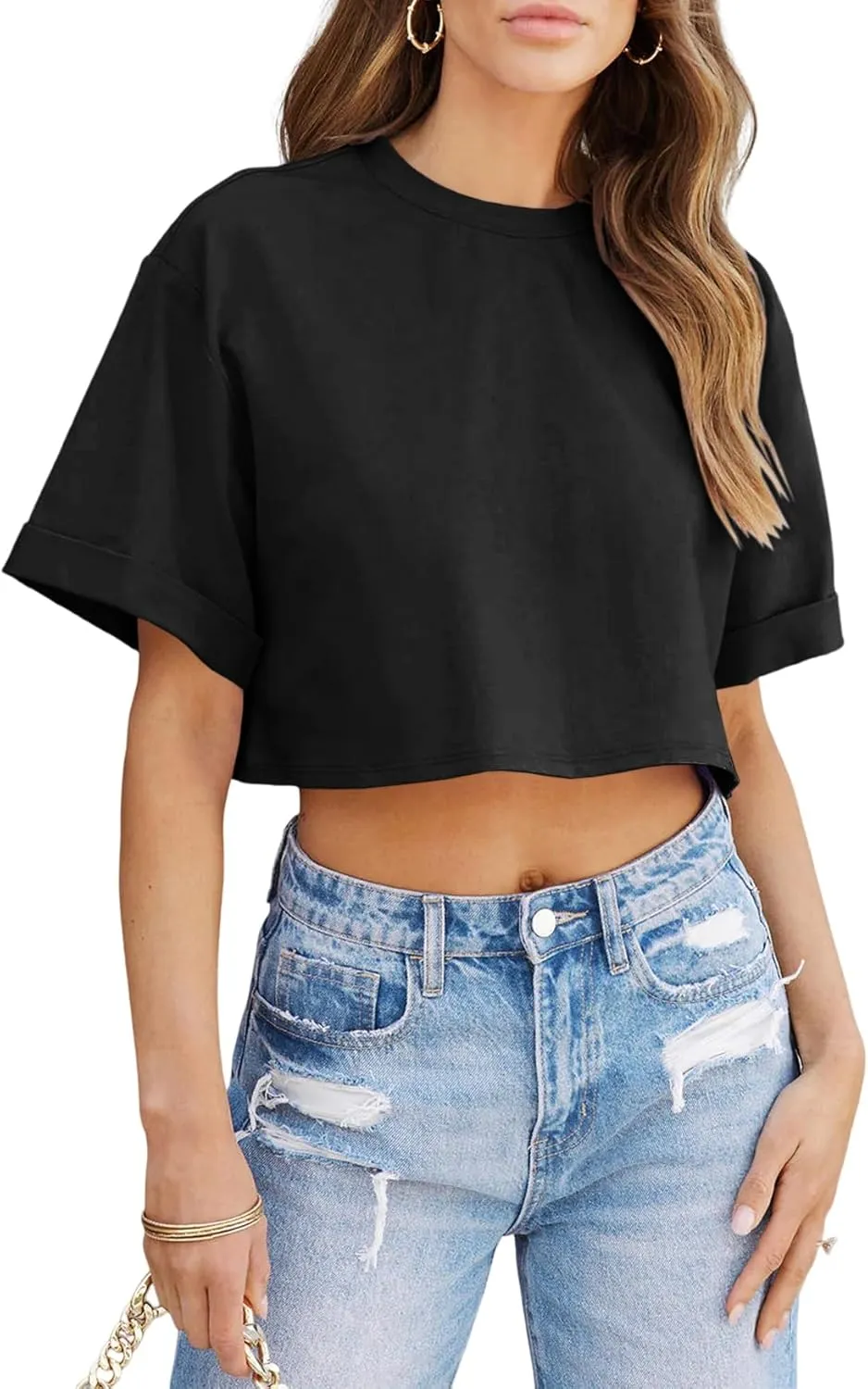 Tankaneo Women Crop T-Shirts Half Sleeve Drop Shoulder Cropped Tops Y2K Casual Summer Basic Tees
