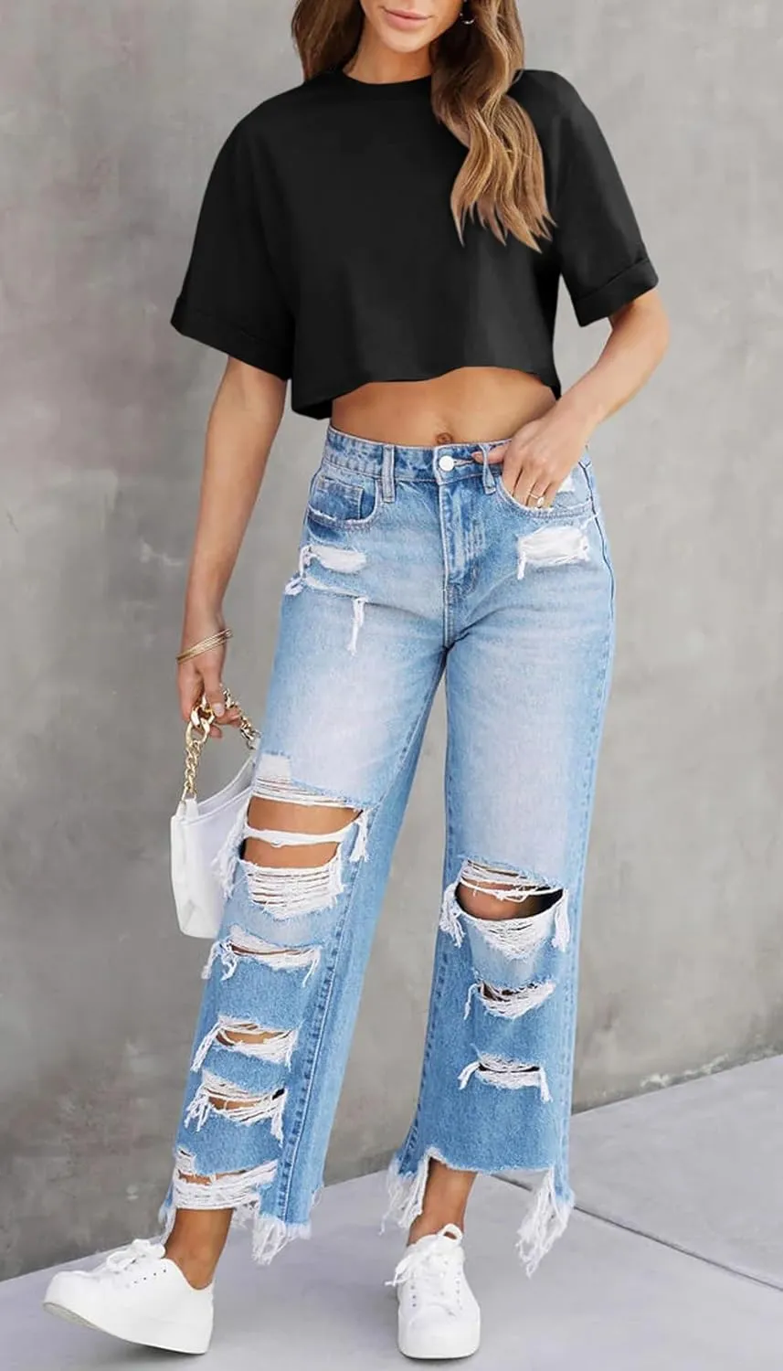 Tankaneo Women Crop T-Shirts Half Sleeve Drop Shoulder Cropped Tops Y2K Casual Summer Basic Tees