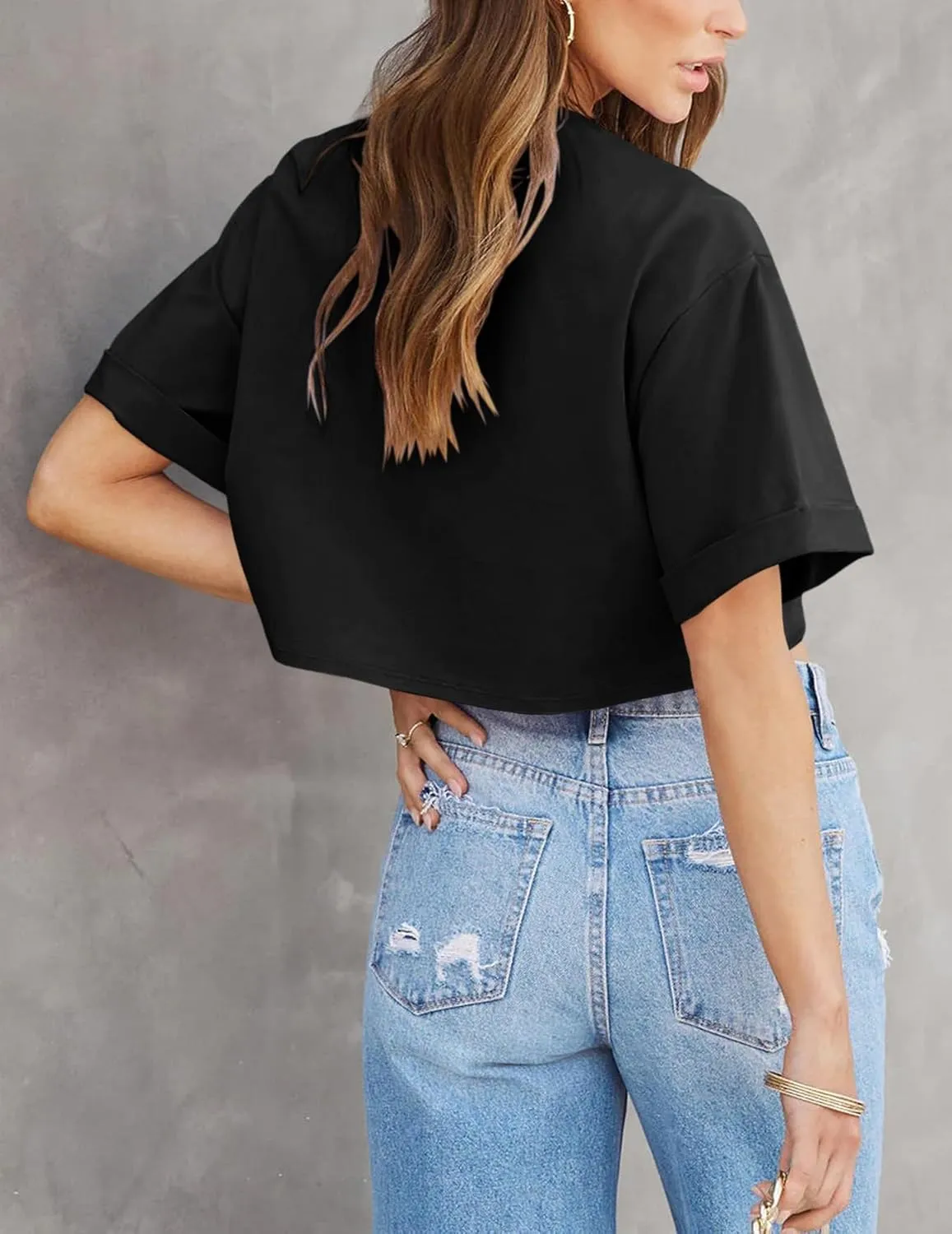 Tankaneo Women Crop T-Shirts Half Sleeve Drop Shoulder Cropped Tops Y2K Casual Summer Basic Tees