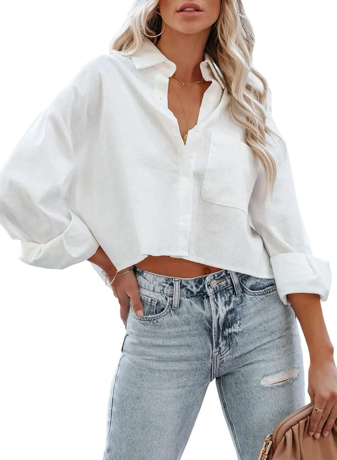 Tankaneo Womens Button Down Cropped Shirts Long Sleeve Casual Crop Tops Solid Lapel Blouse Shirt with Chest Pocket