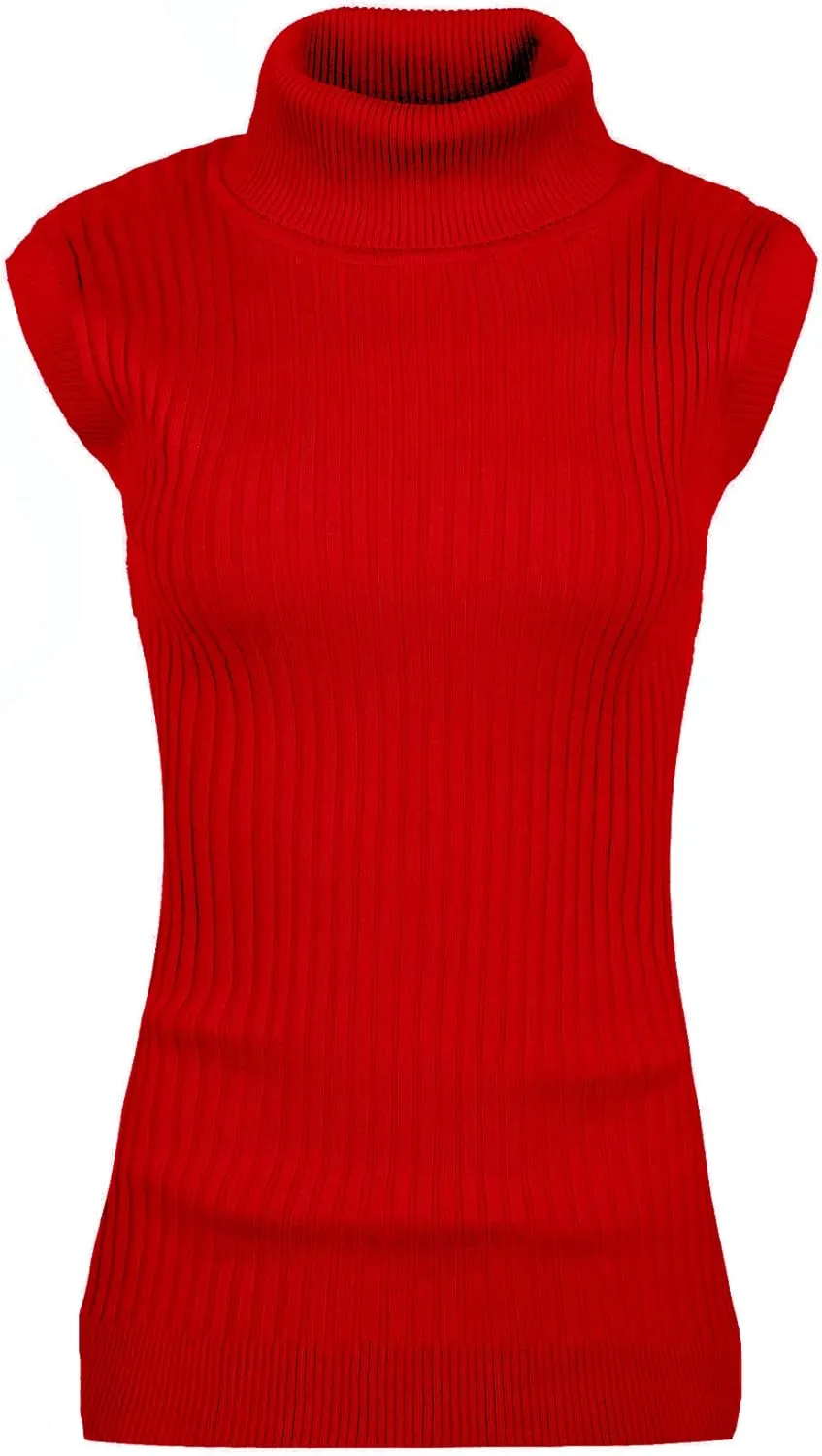 v28 Women Sleeveless High Neck Turtleneck Stretchable Knit Sweater Top