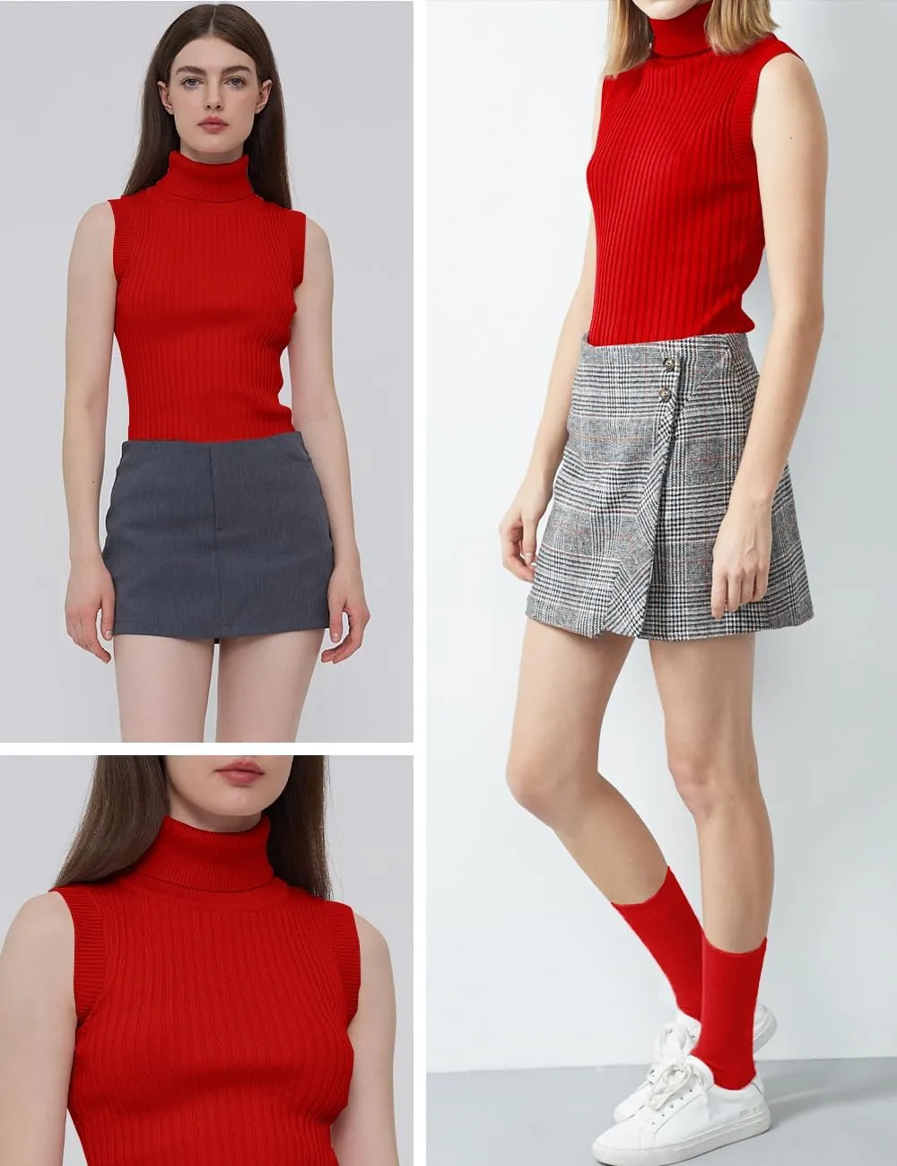 v28 Women Sleeveless High Neck Turtleneck Stretchable Knit Sweater Top