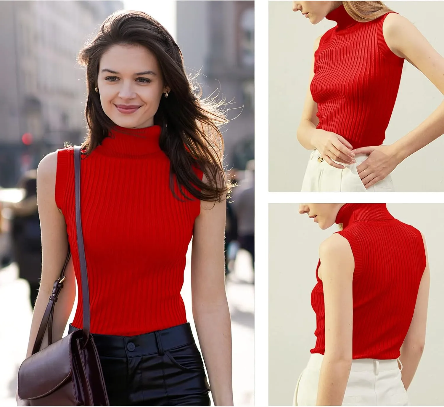 v28 Women Sleeveless High Neck Turtleneck Stretchable Knit Sweater Top