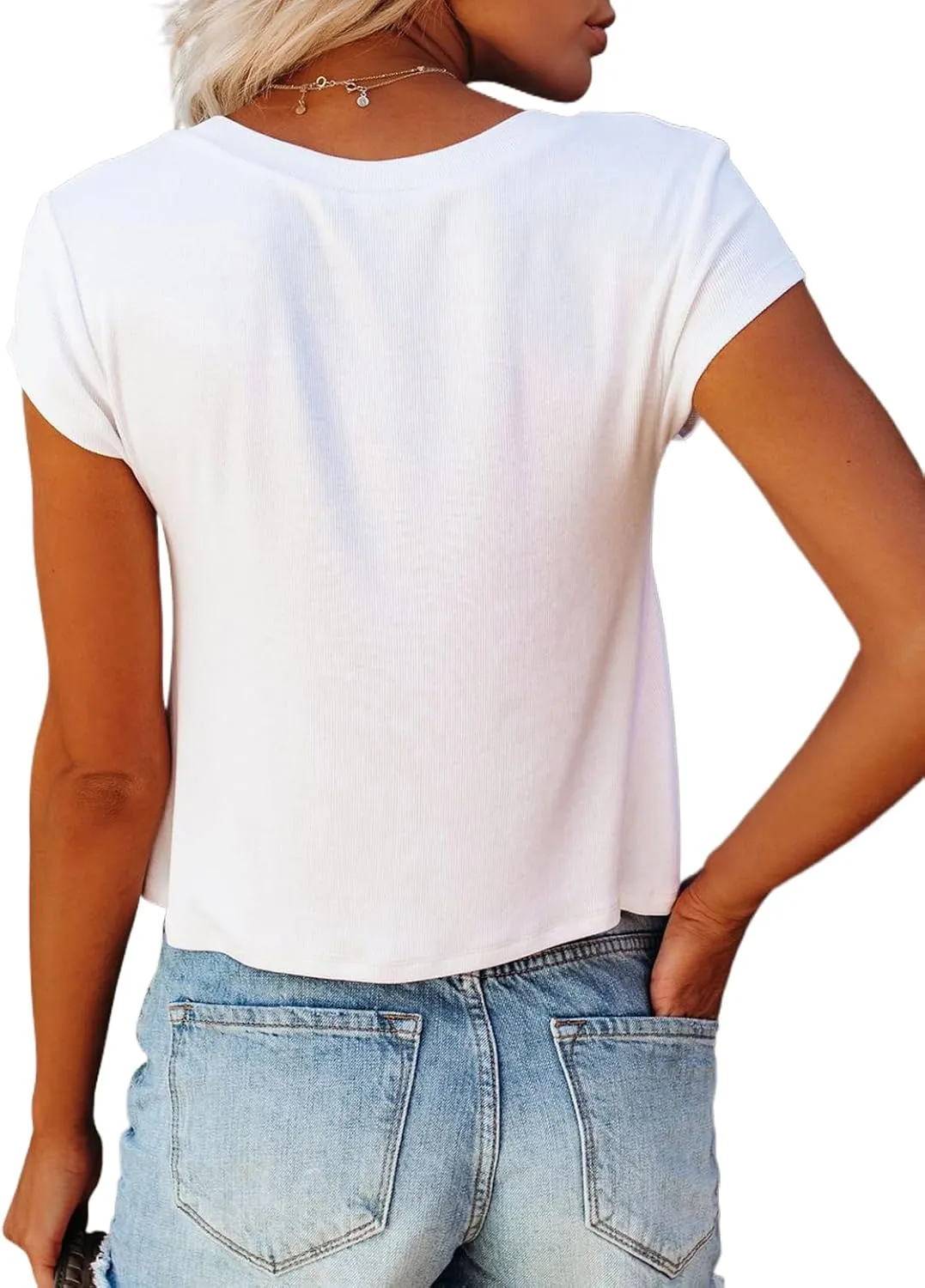 WMZCYXY Women V Neck Crop Tops Cap Sleeve Loose Fit Cropped T Shirts Casual Summer Solid Color Basic Tees
