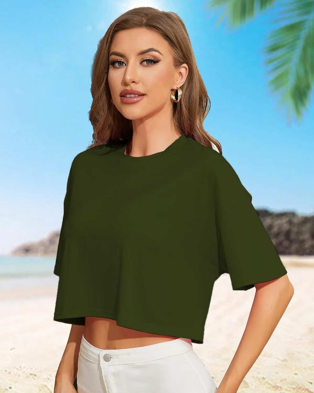 Women Cropped Tees Loose Fit Half Drop Shoulder Short Sleeve Tops Round Neck Basic Casual Shirts for Summer 2025
