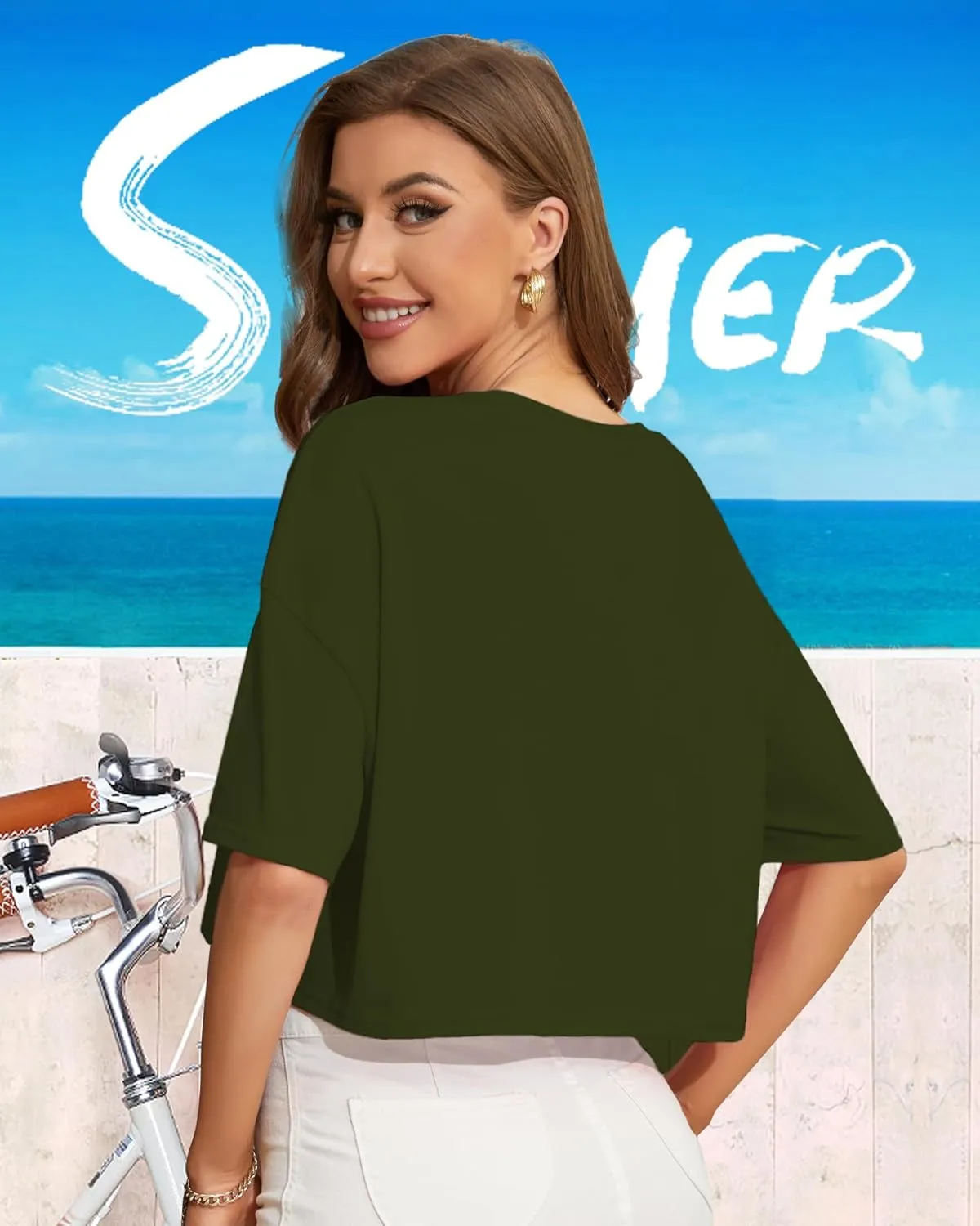 Women Cropped Tees Loose Fit Half Drop Shoulder Short Sleeve Tops Round Neck Basic Casual Shirts for Summer 2025