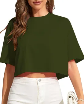 Women Cropped Tees Loose Fit Half Drop Shoulder Short Sleeve Tops Round Neck Basic Casual Shirts for Summer 2025
