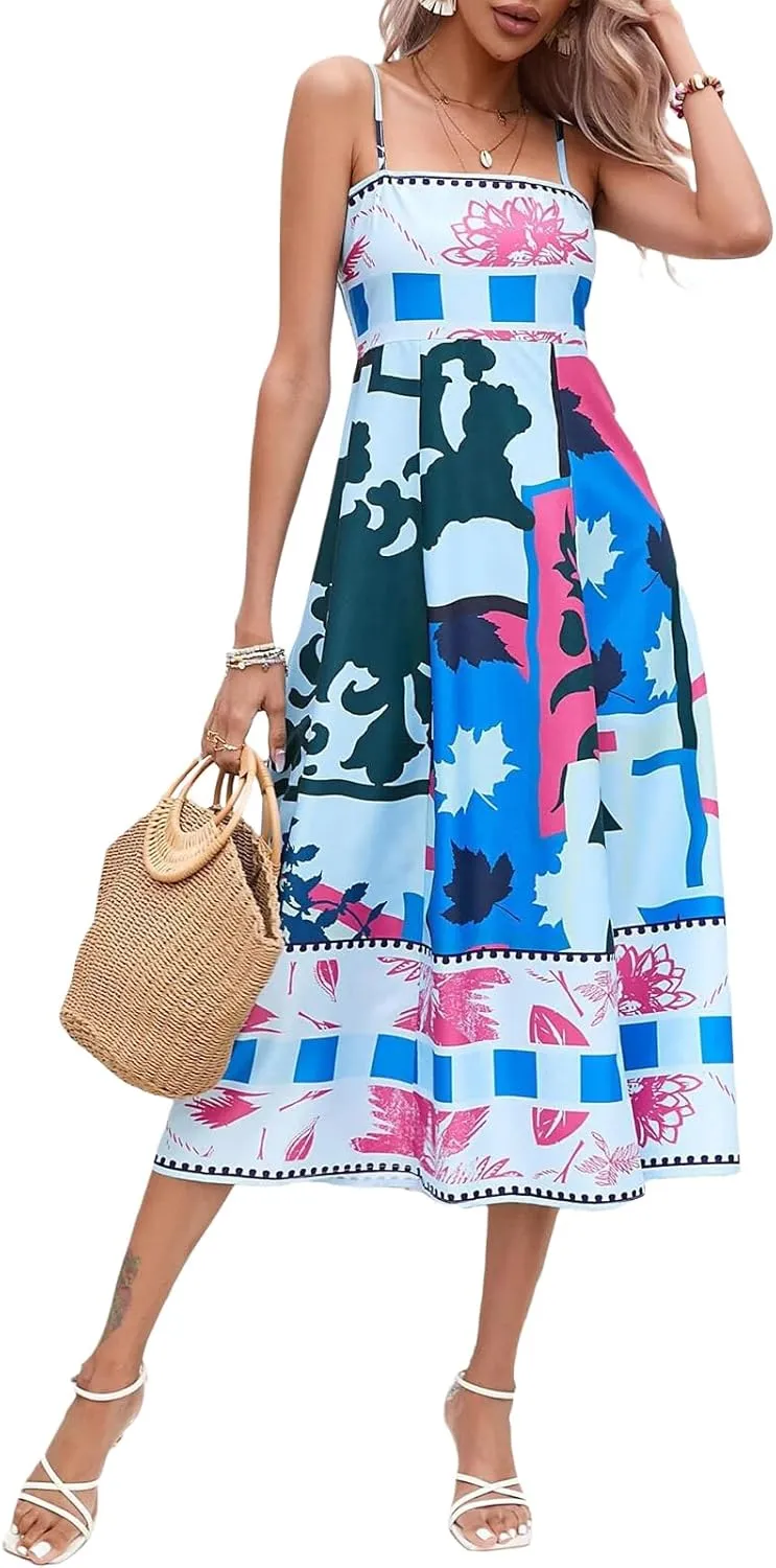 Women Cute Print Maxi Cami Dress Loose Sleeveless Spaghetti Strap Boho Dress Flowy Graffiti Long Aline Sun Dress