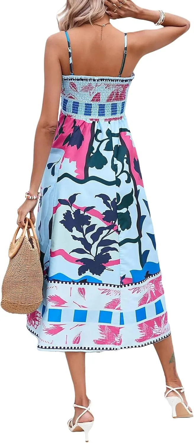 Women Cute Print Maxi Cami Dress Loose Sleeveless Spaghetti Strap Boho Dress Flowy Graffiti Long Aline Sun Dress