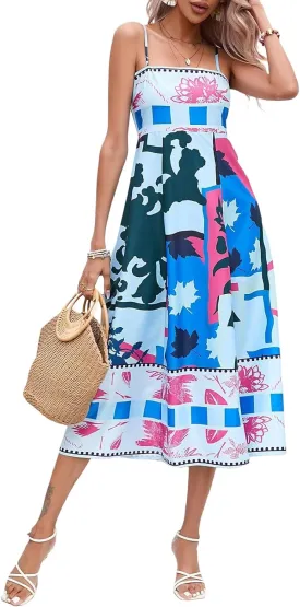 Women Cute Print Maxi Cami Dress Loose Sleeveless Spaghetti Strap Boho Dress Flowy Graffiti Long Aline Sun Dress